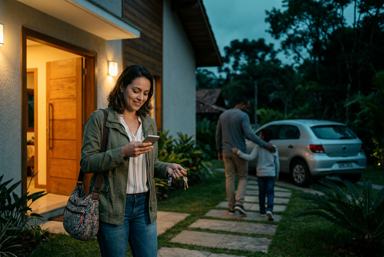 Família saindo de casa ao entardecer enquanto uma pessoa confere o celular